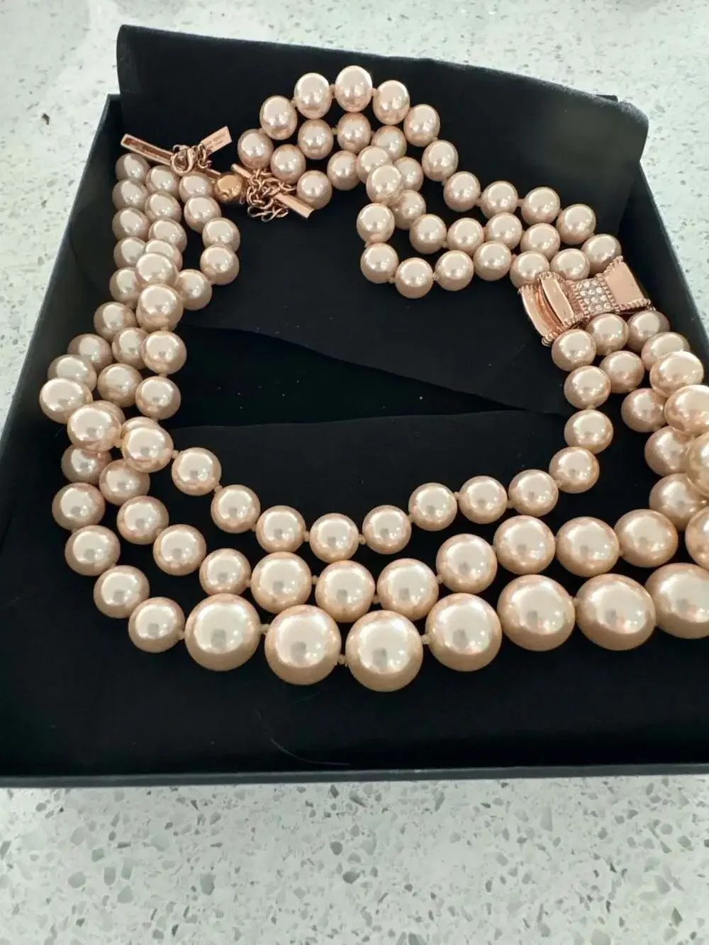 Kate Spade Moon River Triple Strand Pink Faux Pearl Necklace with Rose Gold Embe